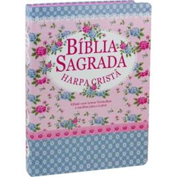 Imagem de BIBLIA SAGRADA LETRA GIGANTE COM HARPA CRISTA - CAPA FLORIDA COM TARJA AZUL